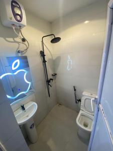 a small bathroom with a toilet and a sink at Chase hotels in Ibadan