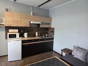 a kitchen with a white refrigerator and a microwave at Apartamenty u Bodzia in Stronie Śląskie