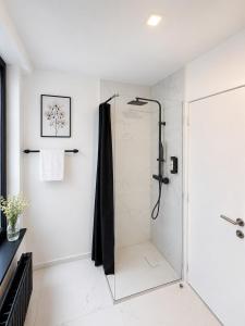 a bathroom with a shower with a glass door at Hotel Albergo in Brussels +52 photos