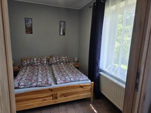 a bed in a bedroom with a window at Apartamenty u Bodzia in Stronie Śląskie
