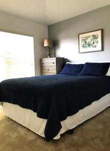 a bedroom with a bed with blue pillows and a window at 5BR Florida villa with private pool in Davenport +12 photos