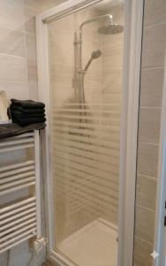 a shower in a bathroom with a glass door at Seaside house with cliff views in Piriac-sur-Mer +5 photos