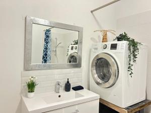 a bathroom with a washing machine and a sink at Cosy Magnolia Quartz - T3 - Hyper centre avec Parking in Pau