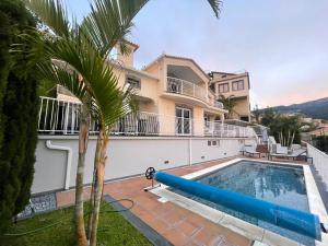a villa with a swimming pool and a palm tree at Casa Del Mar in Ponta do Sol