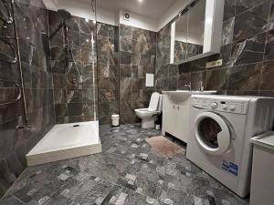 a bathroom with a washing machine and a toilet at Babite Quiet Apartment in Babīte