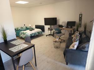 a living room with a couch and a bed at Peaceful apartment in Vierzon