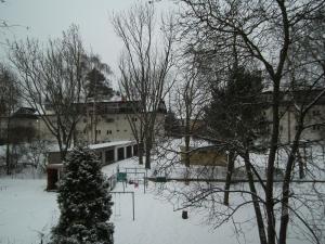 a snow covered yard with a christmas tree and a building at Near Castle ☆ free bikes ☆ terrace in Prague