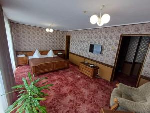a hotel room with a bed and a tv at Hotel Turist in Chişinău