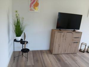 a flat screen tv sitting on top of a wooden cabinet at Ferienwohnung Skulpturenweg in Ludwigswinkel