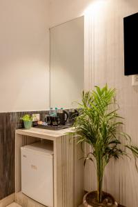 a kitchen with a sink and a counter with a plant at Hotel Velocity Near Terminal 3 Delhi International Airport With- Free Pickup in New Delhi