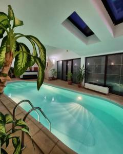 a large swimming pool with a large blue pool at Casa Domneasca in Curtea de Argeş