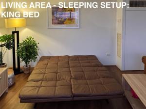 a large bed in a living area sleeping setup at Canberra City View Apartment in Canberra