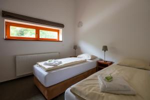 two beds in a room with a window at Lipno Lake Resort in Lipno nad Vltavou +108 photos