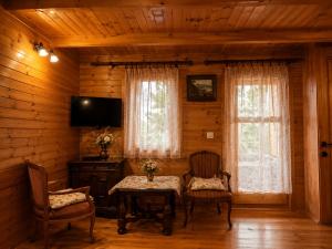 a living room with a table and chairs and a television at Sea View Luxury Chalet in Šušanj