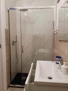 a bathroom with a shower and a white sink at Casa di nonna Caterina in Nemoli