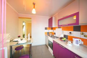 博布魯伊斯克的住宿－PaulMarie Apartments on Oktyabrskaya，厨房配有紫色橱柜和炉灶烤箱