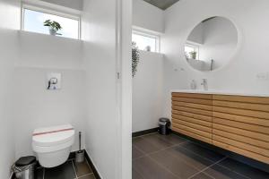 a bathroom with a toilet and a mirror at C11319-Tarm-Multebaervej-33 in Tarm +33 photos