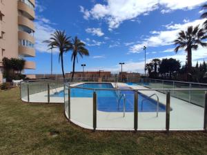 a swimming pool in a park with palm trees at El Rey in Fuengirola
