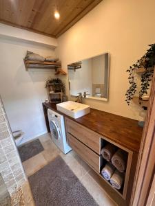 a bathroom with a sink and a washing machine at charmant studio à Morzine avec piscine privé in Morzine