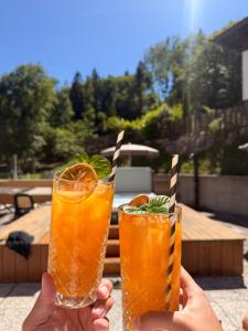 a couple of people holding up two drinks at Hotel Al Lago in Lavarone