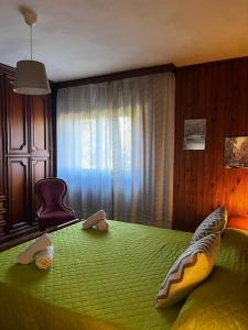 a bedroom with a green bed with a window at A due passi dai lupi in Civitella Alfedena