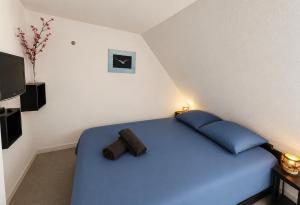 a bedroom with a blue bed and a television at Duplex vue mer, balcon, parking privé in Cabourg