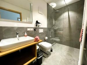 a bathroom with a sink and a shower and a toilet at Apartment Wendehals in Vogtsburg +32 photos