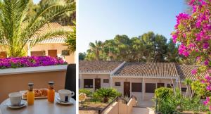 two pictures of a house and a tree with pink flowers at Hotel Montepiedra 4''''sup in Playas de Orihuela