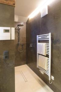 a bathroom with a shower with a towel rack at Ausserhof Hütte mit Sauna Südtirol in Riobianco +3 photos