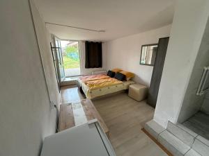 a small room with a bed and a window at István in Sîngeorgiu de Pădure