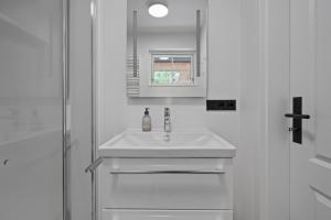 a white bathroom with a sink and a shower at Beach Lodge Beach Lodge Appartement 6 in Böhl +16 photos