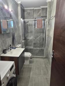 a bathroom with a shower and a toilet and a sink at Eretria Apartments FM14 in Eretria +41 photos