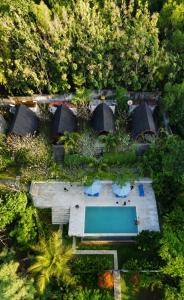 an overhead view of a house with a pool and trees at Light Blue Villa in Tepus