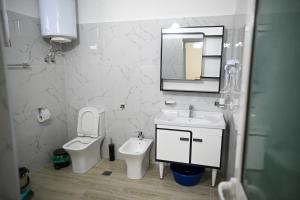 a bathroom with a sink and a toilet and a mirror at Vila BENE in Pogradec +16 photos