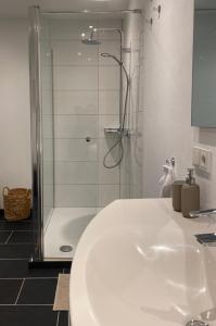a bathroom with a shower and a white sink at Moselmoni in Bullay