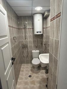 a bathroom with a toilet and a shower and a sink at Pavels Cozy Nook in Smolyan