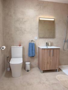 a bathroom with a toilet and a sink and a mirror at Cala Queralt Rooms in Sagunto