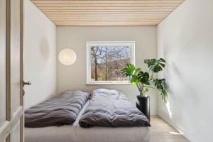 a bed in a room with a window and a potted plant at 8571-Grenaa-Kaprifolievej-20 in Grenå Strand