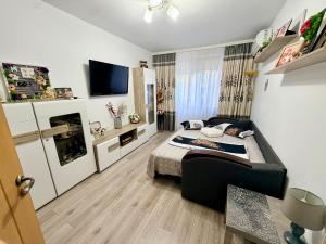 a small room with a bed and a tv at Apartament Arys 2 in Neptun