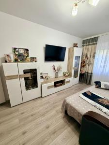 a bedroom with a bed and a tv on the wall at Apartament Arys 2 in Neptun