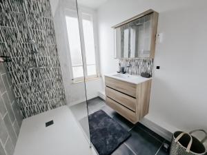 a bathroom with a shower and a sink and a mirror at Champagne getaway, spacious house in Épernay