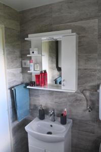 a bathroom with a white sink and a mirror at Kiki house in Čačak +39 photos