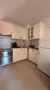 a kitchen with white cabinets and stainless steel appliances at Kazeta A-14,broj 28, Gajac in Skunca +11 photos
