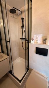 a shower with a glass door in a bathroom at Kazeta A-14,broj 28, Gajac in Skunca