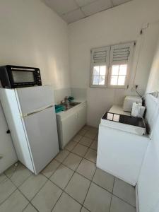 a kitchen with a white refrigerator and a sink at Tamaly's Lodges in Basse-Terre +14 photos
