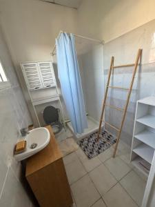 a bathroom with a shower with a toilet and a sink at Tamaly's Lodges in Basse-Terre