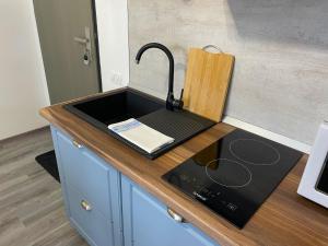 a kitchen counter with a sink and a stove at Casa Mihuț in Cordău