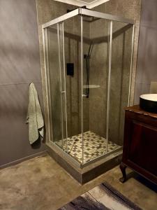 a shower with a glass enclosure in a bathroom at Raven in Stormsrivier +11 photos