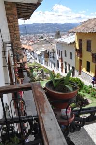 a view of a city from a balcony with a plant at Hatuchay Inka Apart Hotel in Cajamarca