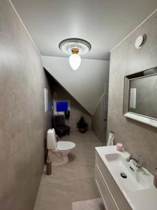a bathroom with a sink and a toilet and a mirror at Rampestreken Glamping in Åndalsnes +43 photos